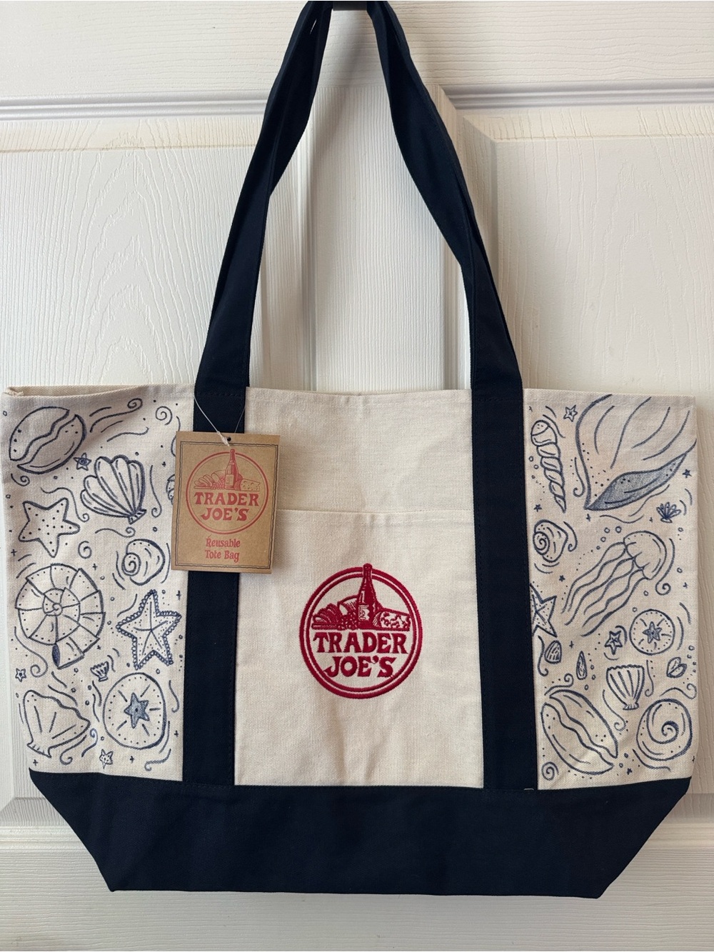 Trader Joe’s Canvas Tote Bag| Hand Drawn Coastal Beach Doodle| Navy Blue